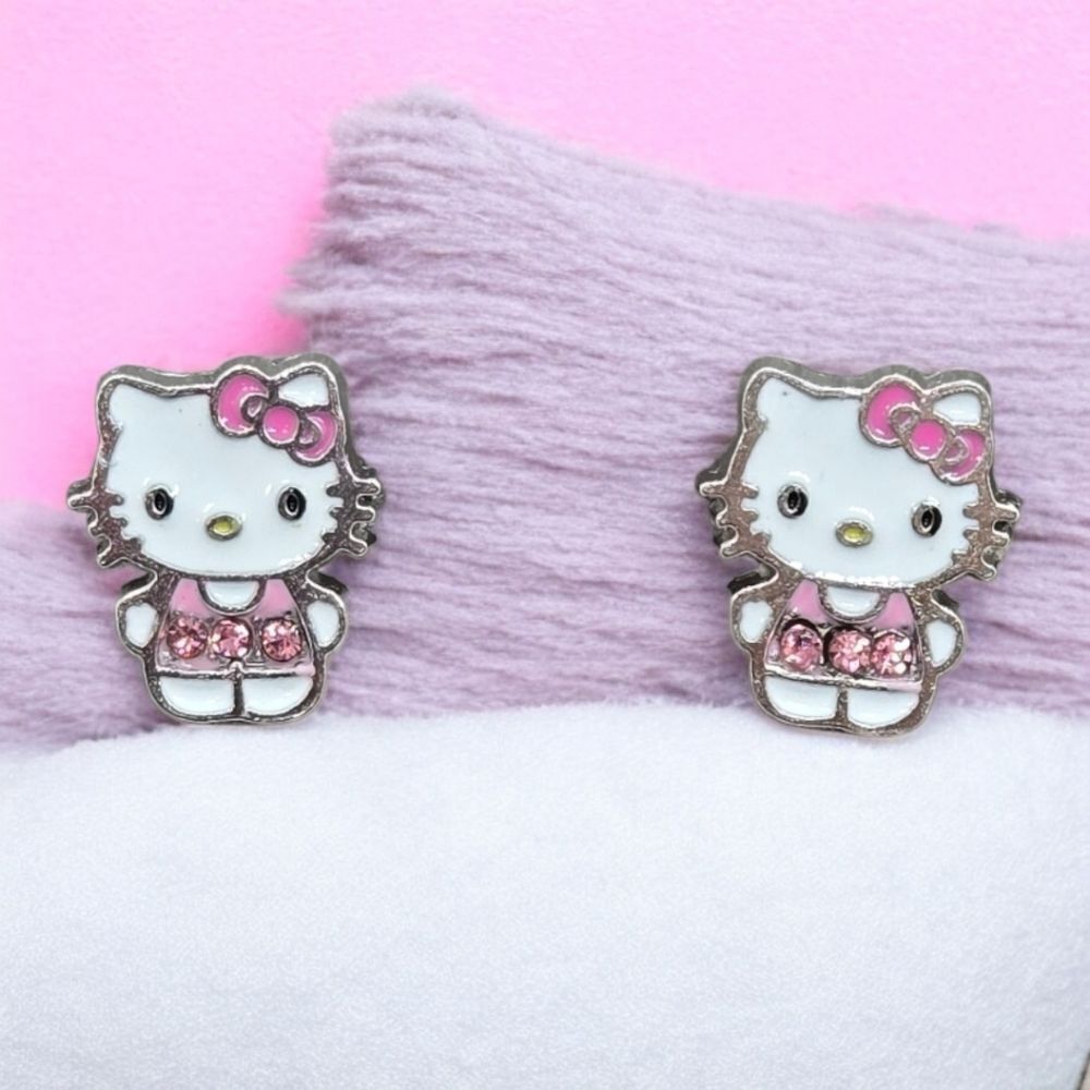 Hello Kitty Earrings Pink Rhinestone Enamel Cat Pierced Ears Cat Studs Jewelry